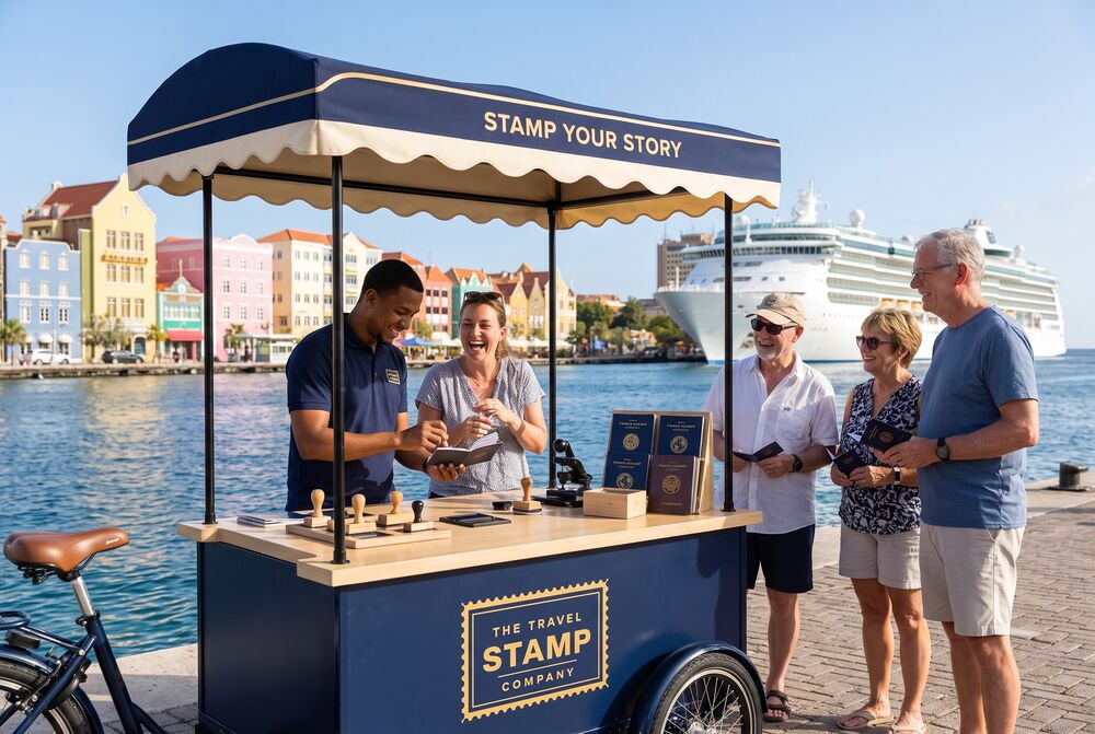 Cruise passengers collect a stamp at the stamp bike