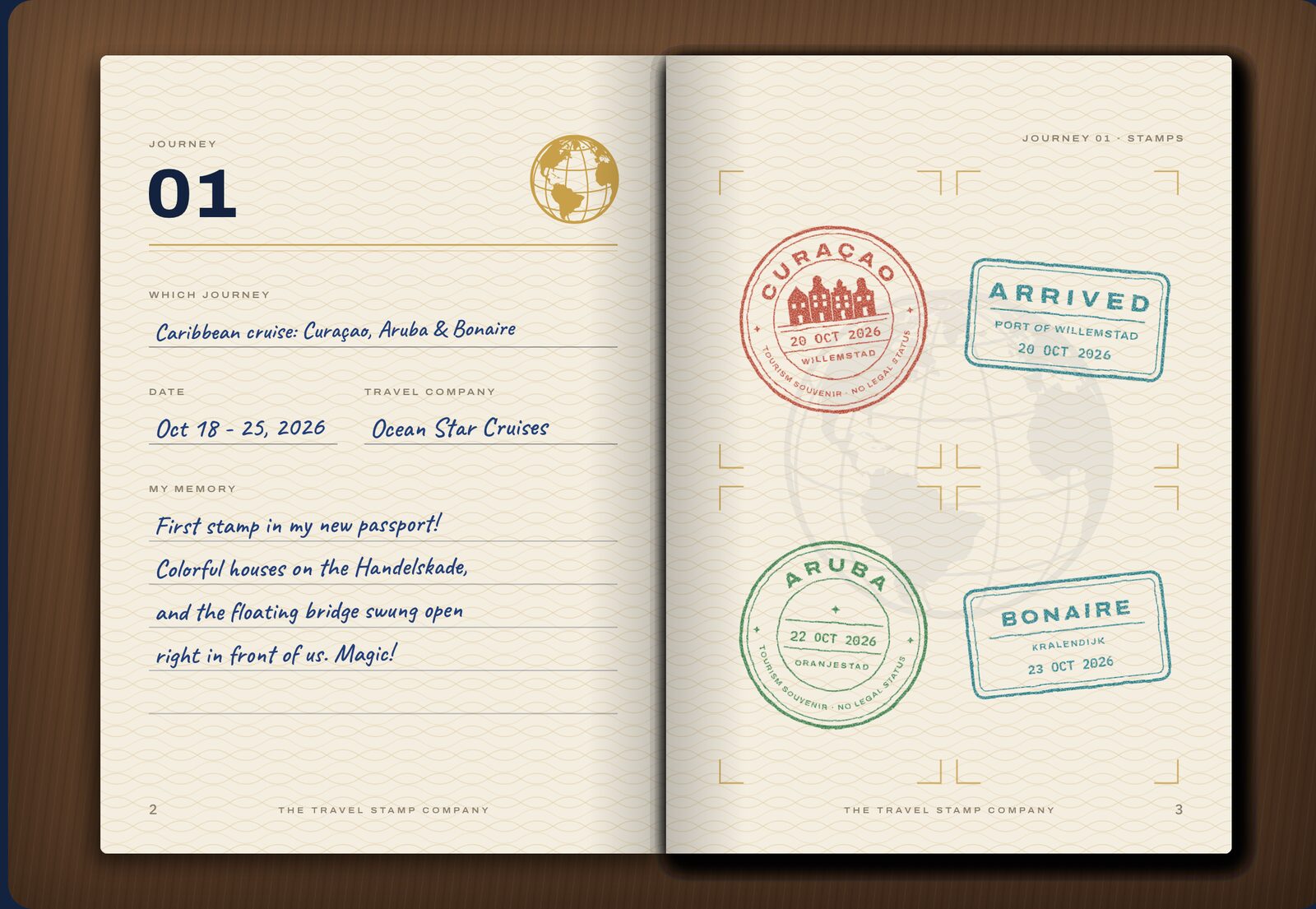 The open passport on a wooden table, showing journey 1 with Curaçao stamps