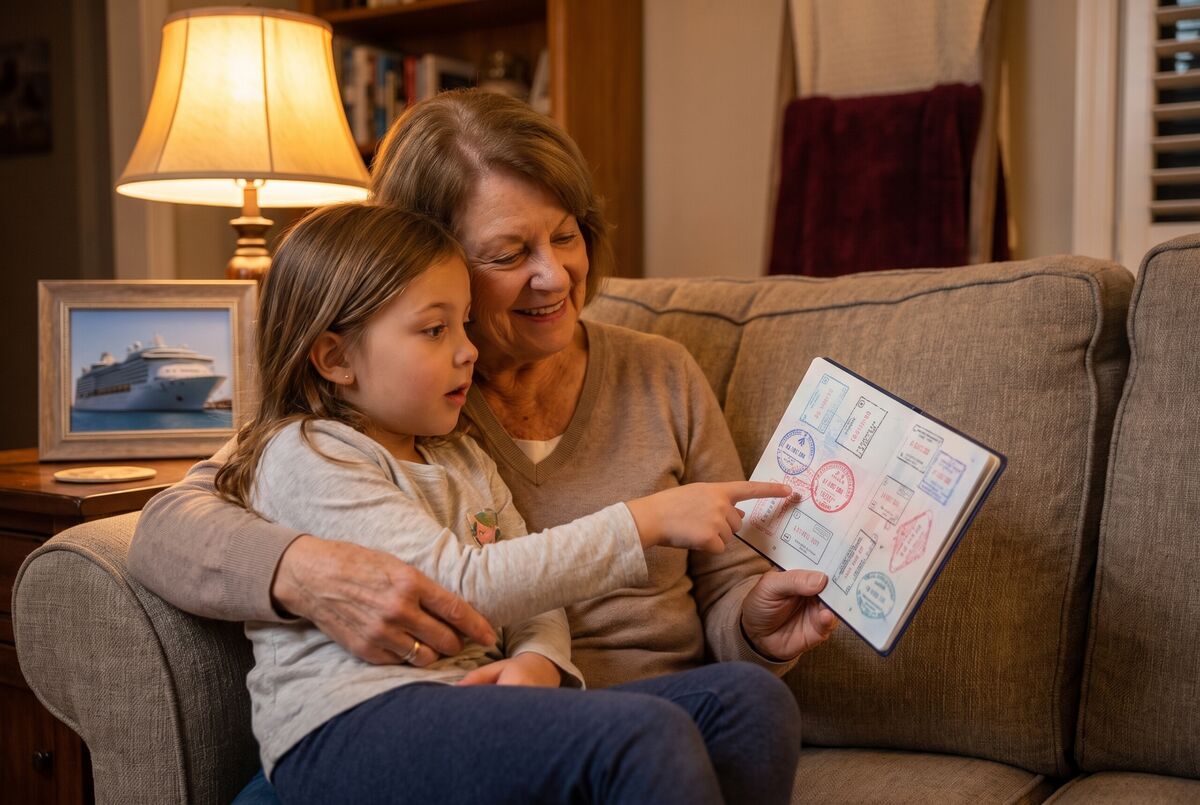 A grandmother shows her granddaughter the stamps in her passport