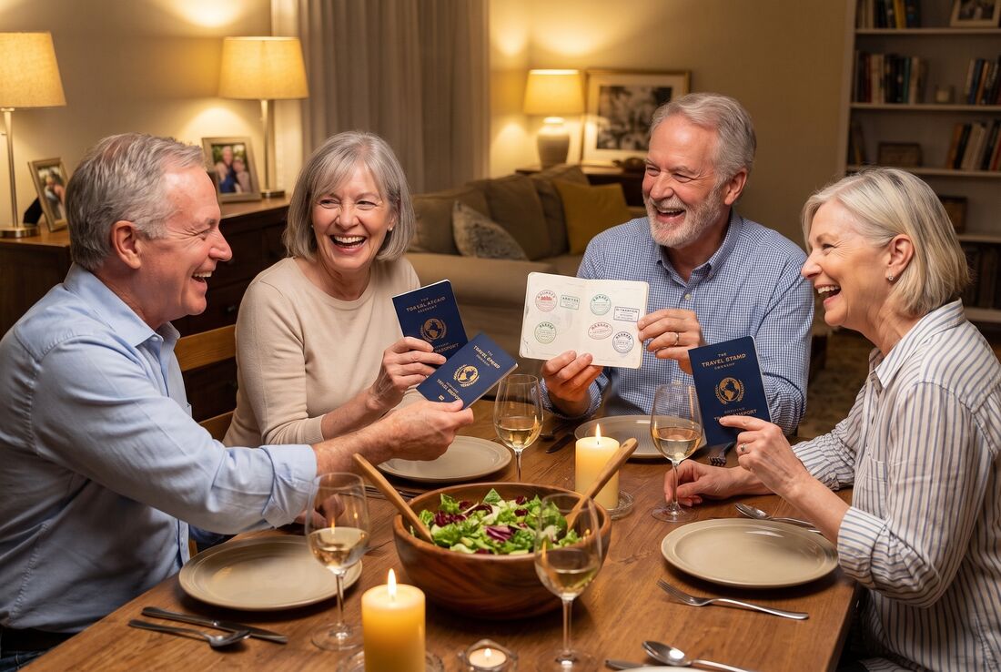 Friends sharing their passports at dinner